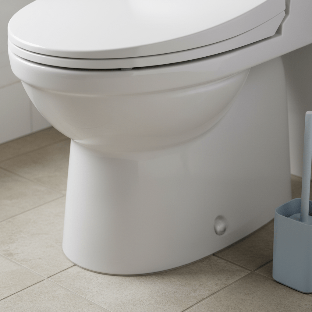 日本のトイレの便器のフチ裏と根元に焦点を当てた、フォトリアルなクローズアップ写真。汚れ一つなく磨き上げられた白い陶器が、清潔さとプロのクリーニングの効果を強調している。1:1の正方形。