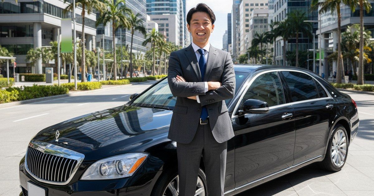 きれいな社用車の横で取引先に向かうビジネスパーソン