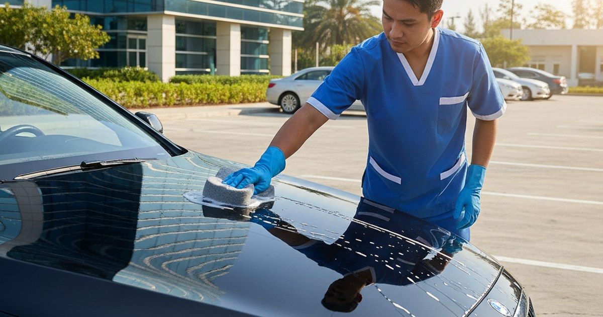 A professional cleaning staff member in a clean blue and white uniform hand-washing a glossy black business sedan in a corporate parking lot
