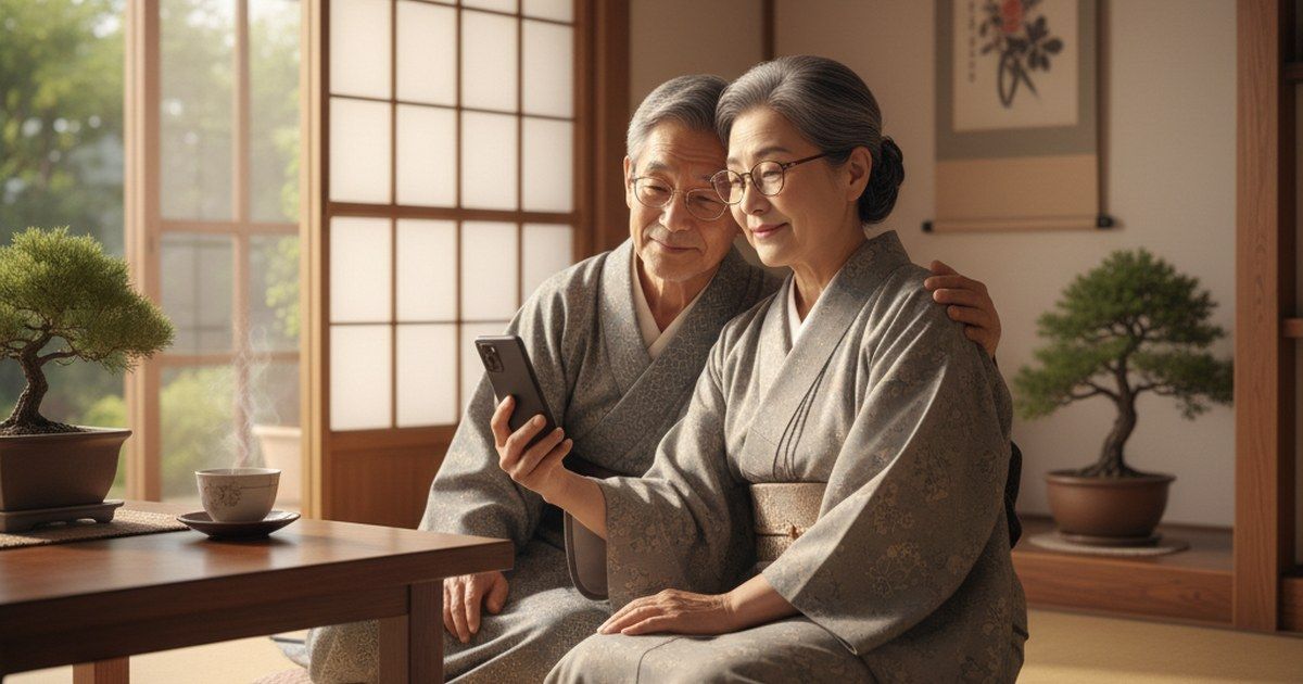 スマホで報告書を確認して安心する高齢のご夫婦