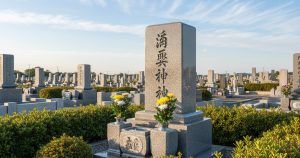 A beautifully maintained traditional Japanese family grave (haka) in a peaceful Japanese cemetery on a clear morning. The granite gravestone