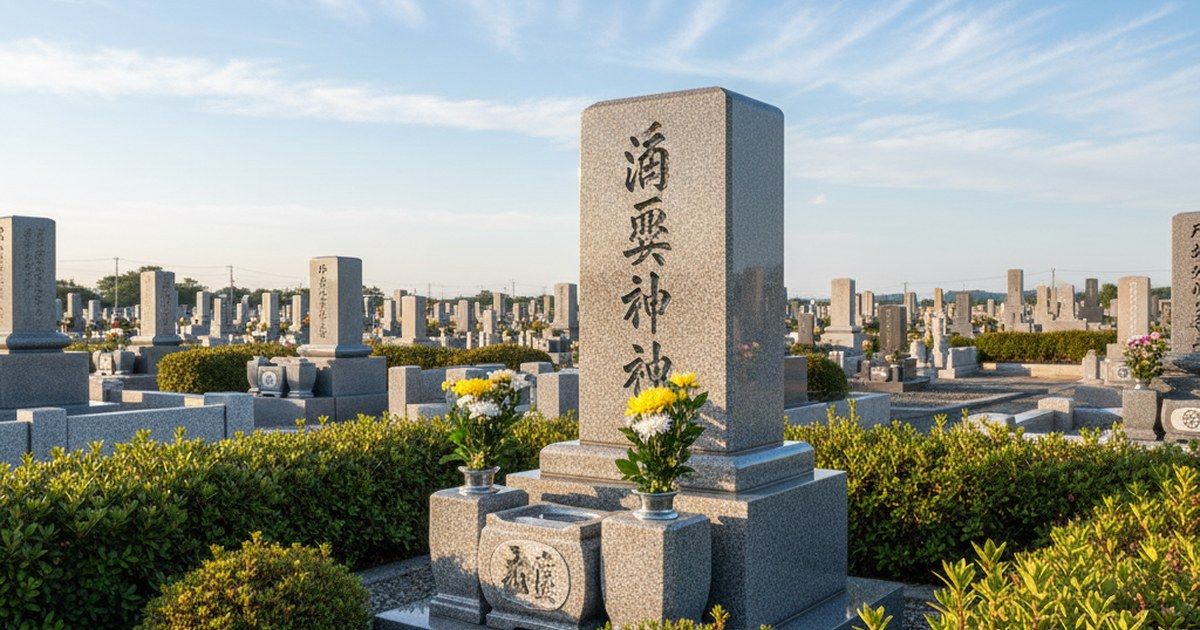 A beautifully maintained traditional Japanese family grave (haka) in a peaceful Japanese cemetery on a clear morning. The granite gravestone