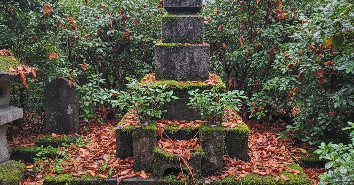 雑草が伸び苔がついた手入れ不足のお墓