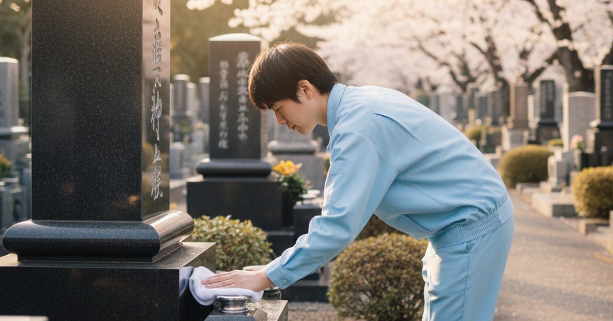 墓石を丁寧に水拭きするダスキンの清掃スタッフ