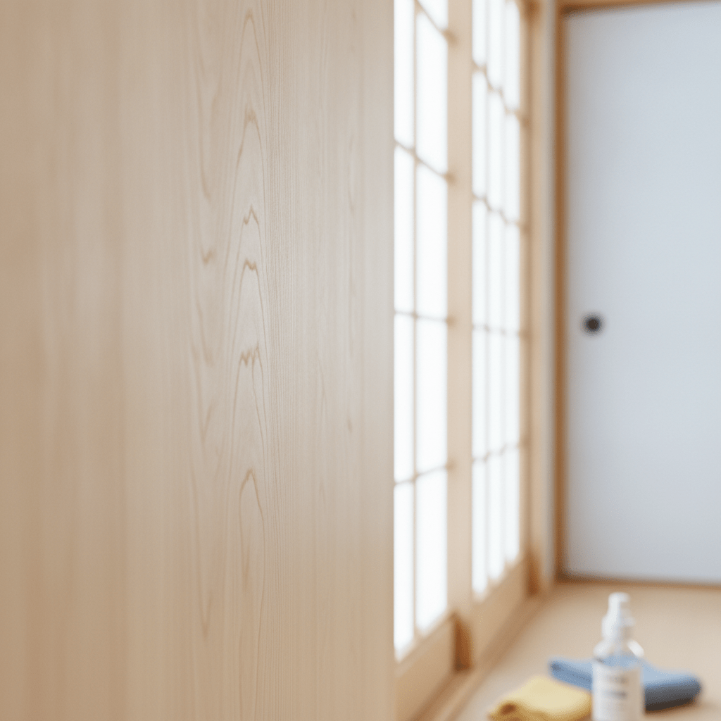 経年による黄ばみやシミが取り除かれ、本来の美しい木目が蘇った白木の柱のクローズアップ。