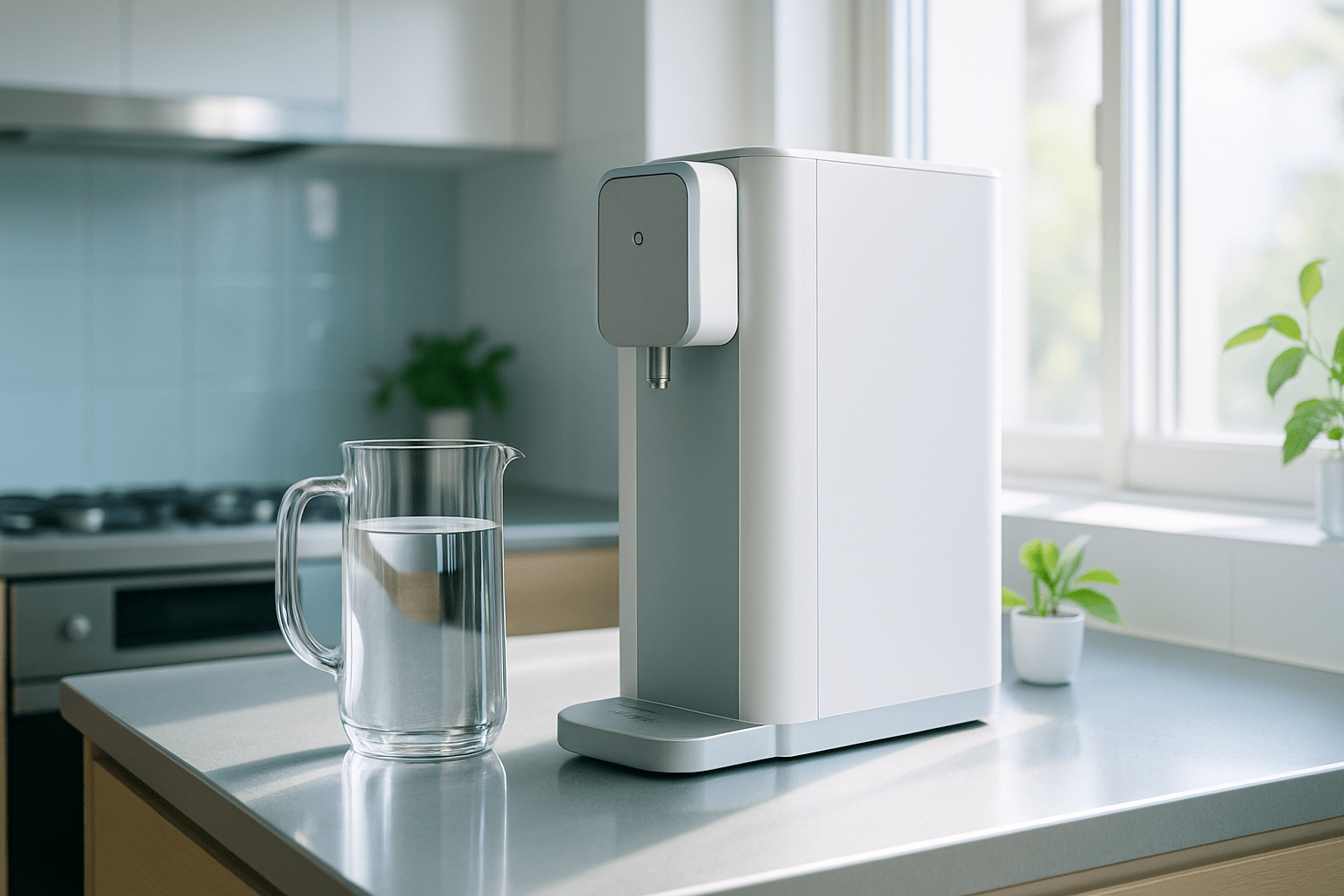清潔で明るいキッチンに置かれたスタイリッシュな浄水器と、澄んだ水が入ったピッチャー