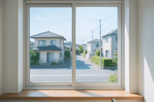 完璧に磨き上げられ、陽光が差し込む日本の窓と網戸