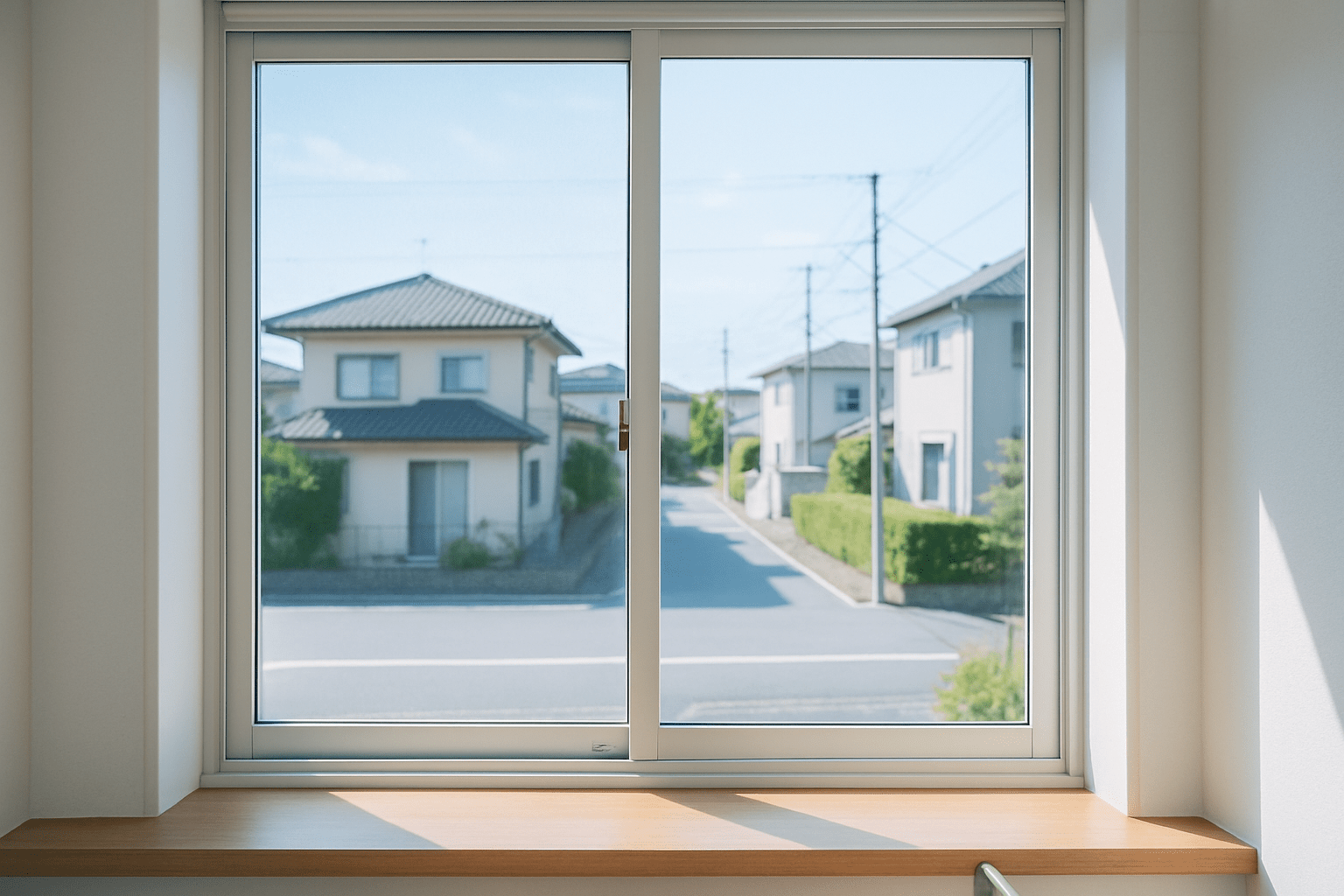 完璧に磨き上げられ、陽光が差し込む日本の窓と網戸
