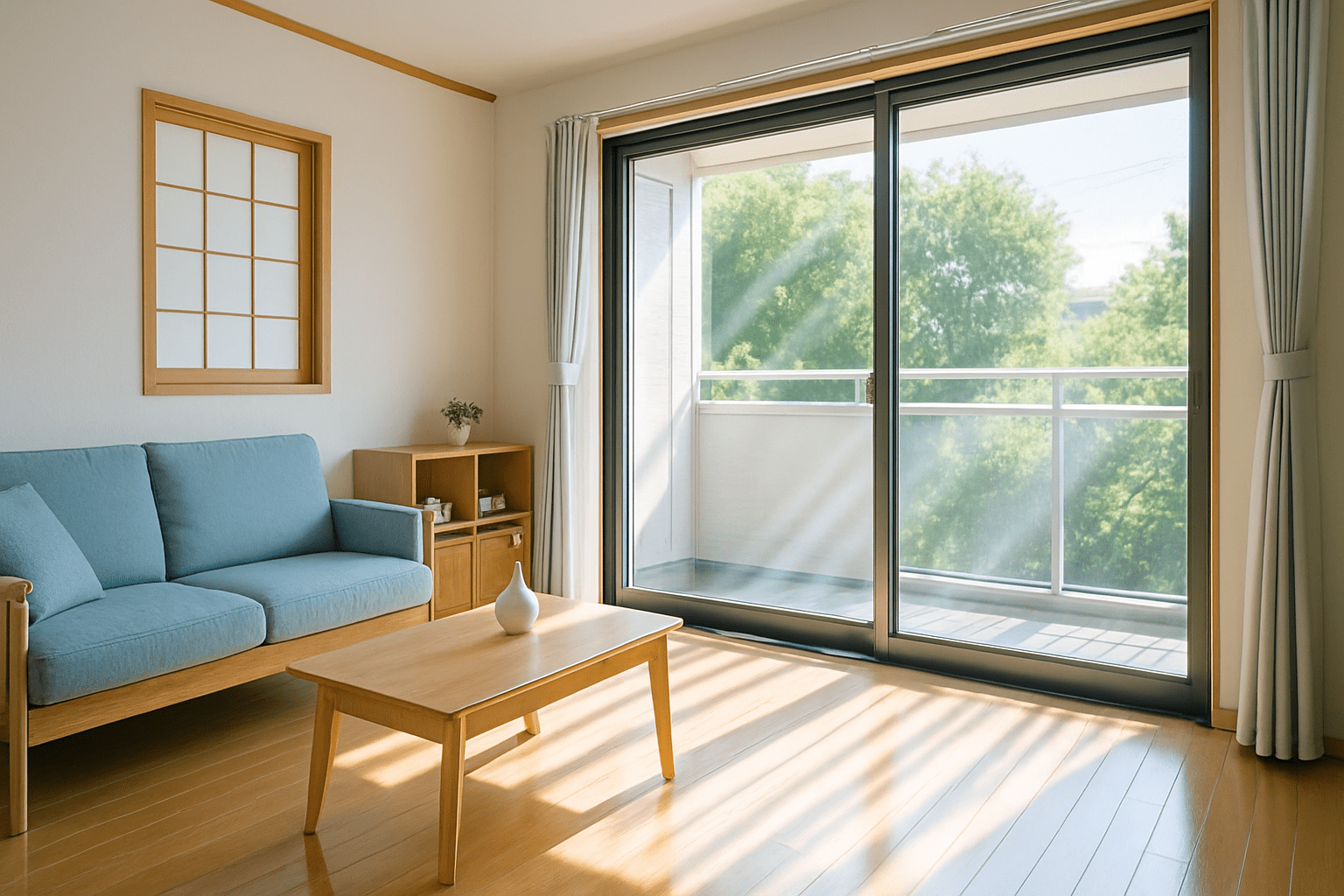 太陽光が差し込む日本のリビングの、ピカピカに磨かれた窓とサッシ、網戸。