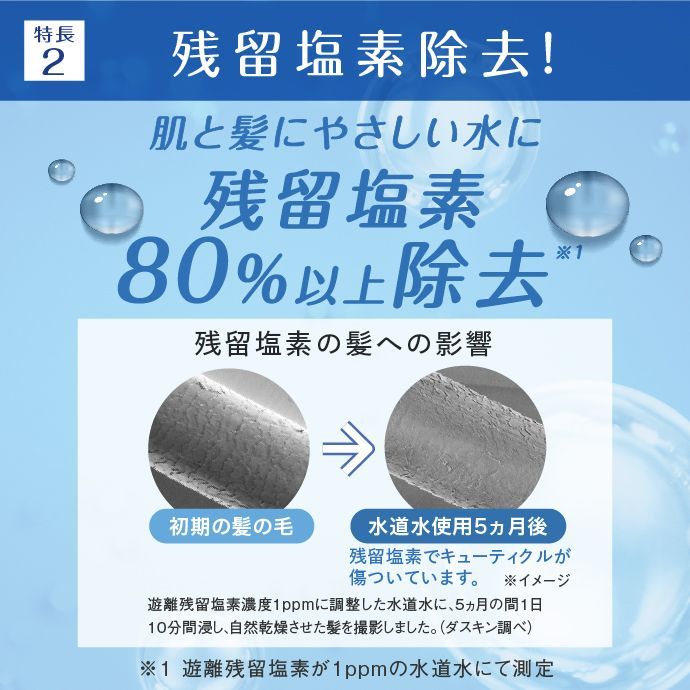残留塩素80%以上除去。肌と髪にやさしい水に