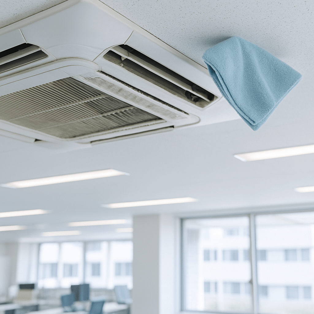 内部に汚れが潜むことを示唆する業務用エアコンのクローズアップ。