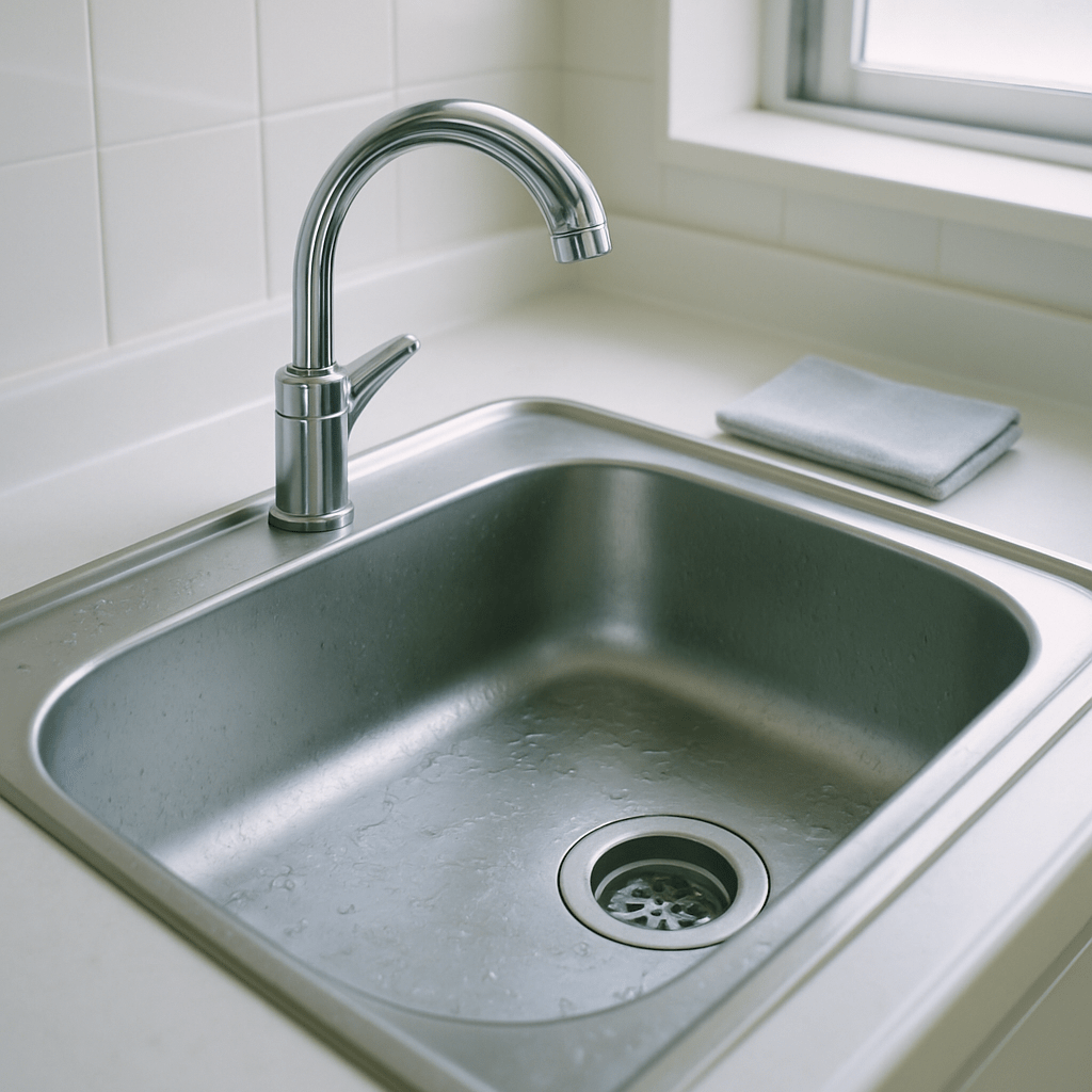 日本のキッチンシンクと蛇口に少し水垢が見られる使用中の状態