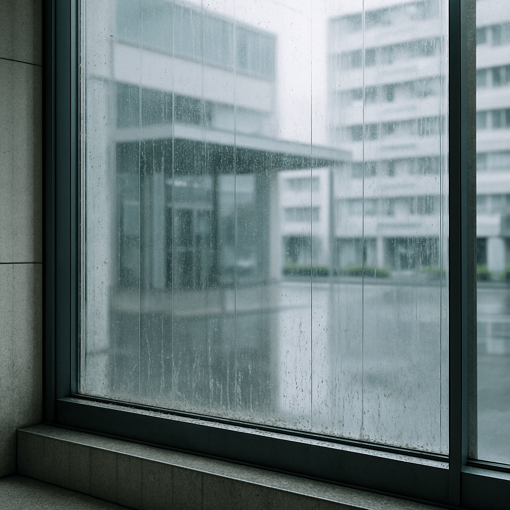 排気ガスや雨だれで少し汚れた、日本のオフィスビルの窓ガラス
