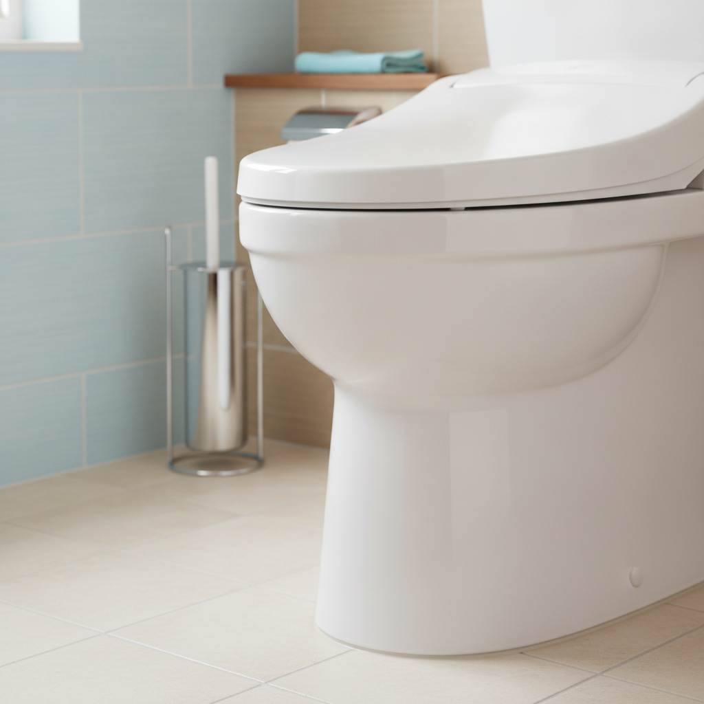 ピカピカに磨かれた、清潔な日本のトイレのフォトリアルなインテリア写真。便器のフチ裏や床との接合部分の汚れがない状態を強調。