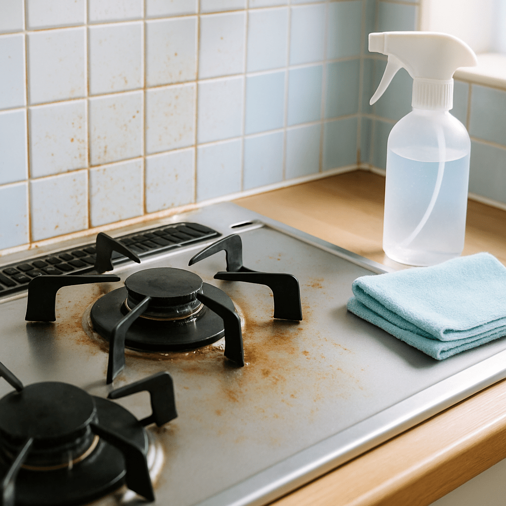 油汚れが少し気になるキッチンのコンロ周り。清掃道具を添えて。