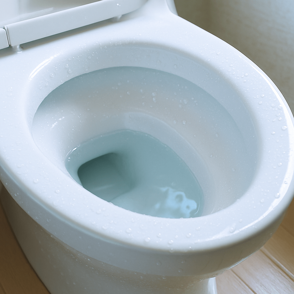 水滴が輝く、プロが徹底洗浄した後の spotless なトイレ内部