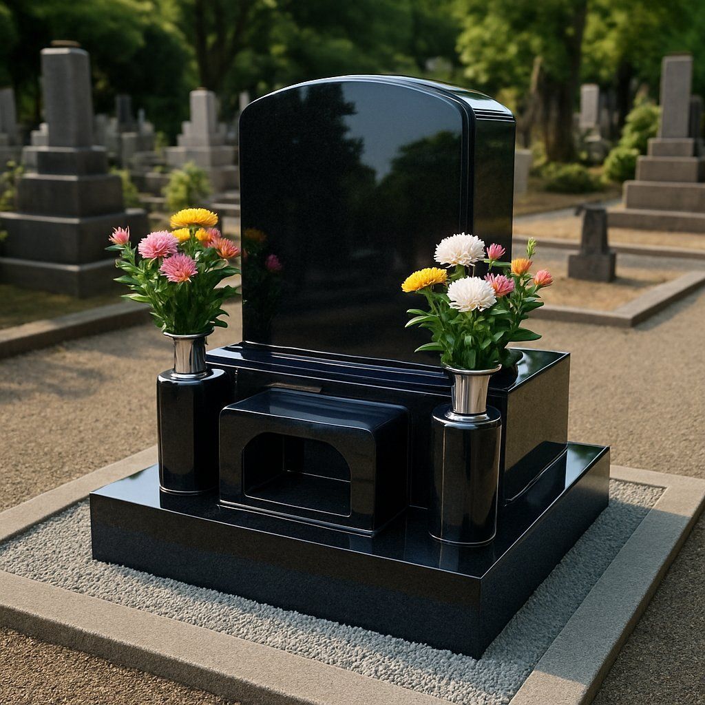 清掃後の輝く墓石と供えられた花