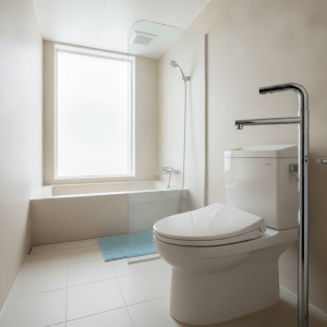 仙台のトイレクリーニングを象徴する、清潔感あふれる日本のバスルームのフォトリアルなインテリア写真。明るく、ベージュ、ホワイト、ライトブルーを基調とした空間には、ピカピカの便器と蛇口が写っており、清潔さと快適さを表現しています。