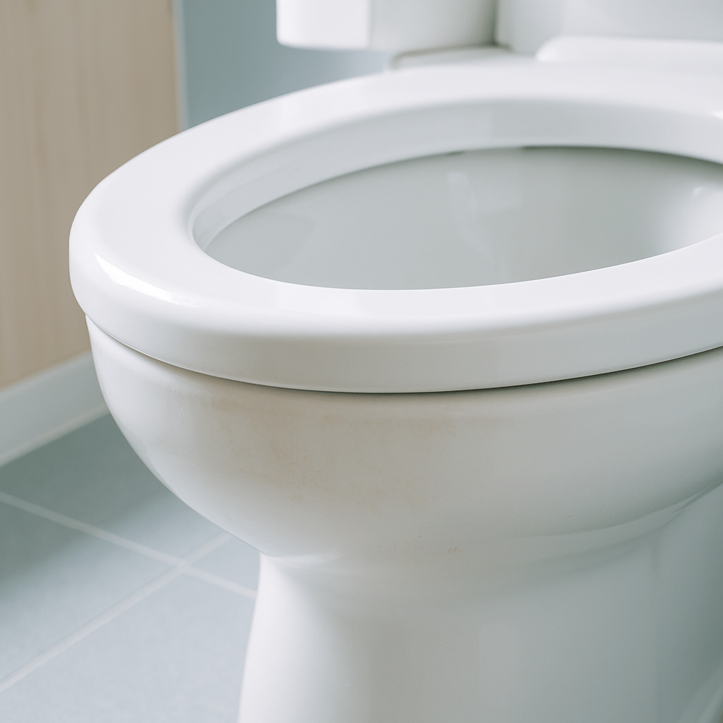 日本の家庭用トイレ。便器のフチにわずかに汚れが見える、掃除の難しい箇所。