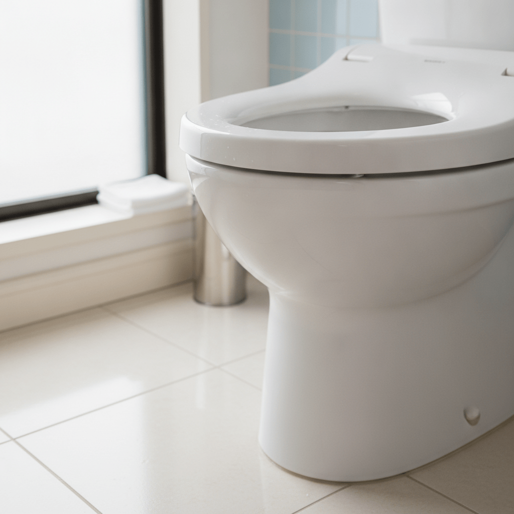 日本の清潔なトイレボウルのクローズアップ、ピカピカの白いセラミックとリムの下側、汚れや変色がないことに焦点を当てた、リアルなインテリアショット。トイレ周辺の床や幅木もきれいで、プロのクリーニングを思わせる。柔らかな自然光が清潔さを際立たせている。ベージュと白を基調とした色調。1:1のアスペクト比。