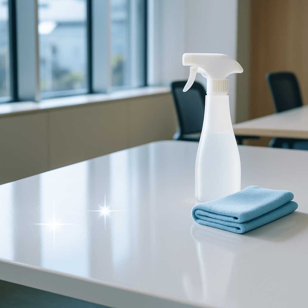 プロによる除菌・抗菌コーティング後の、光り輝くオフィスデスク。専門技術と清潔感を表現。