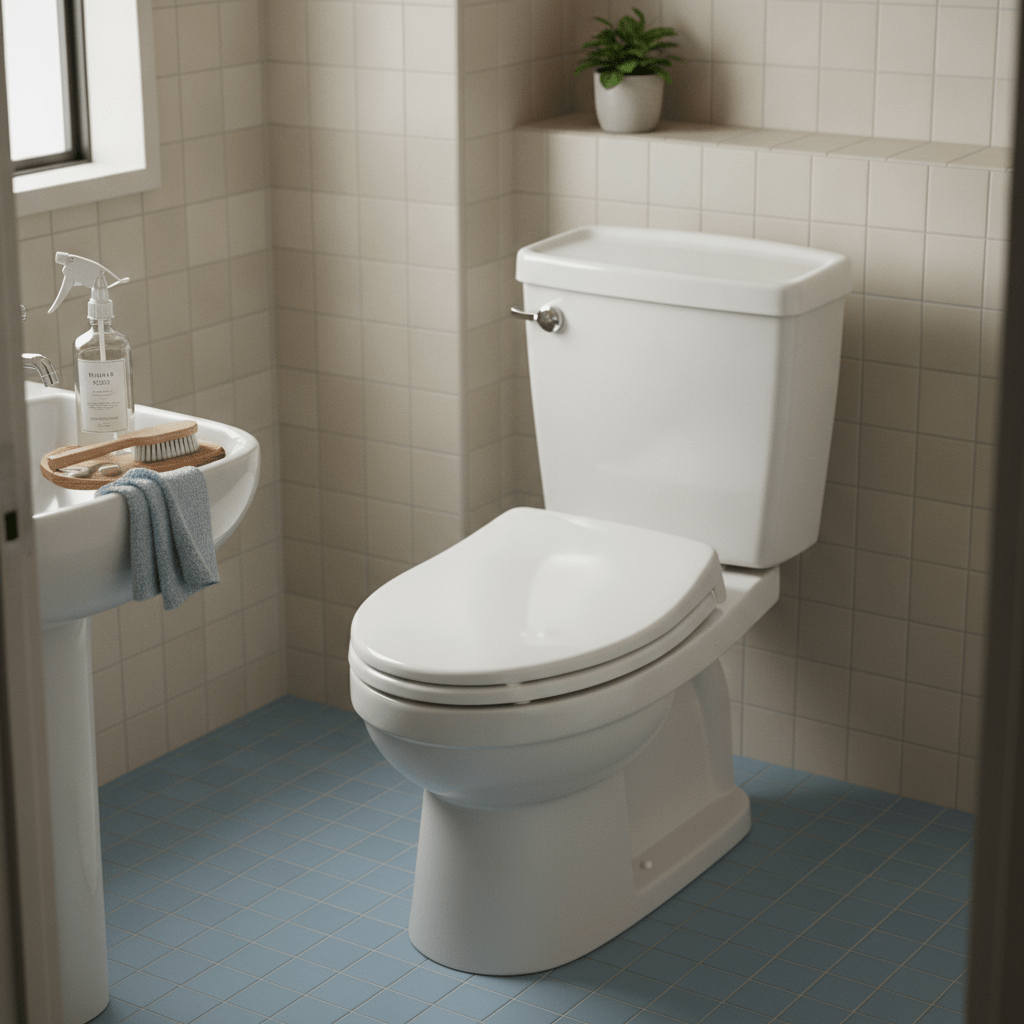 見えない部分の汚れやカビが臭いの原因となるトイレの、プロによる徹底的なクリーニング後の様子を表現したフォトリアルなインテリア写真。ピカピカの便器と清潔に保たれた床や壁が、ベージュ、ホワイト、ライトブルーの落ち着いた色調で描かれ、快適な空間を演出しています。