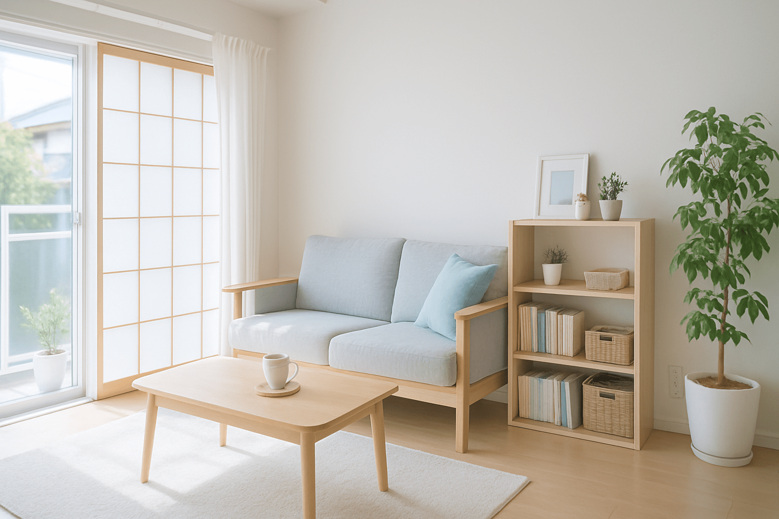 自然光が差し込む日本の清潔なリビングルーム。穏やかな日常のきれいな空間。