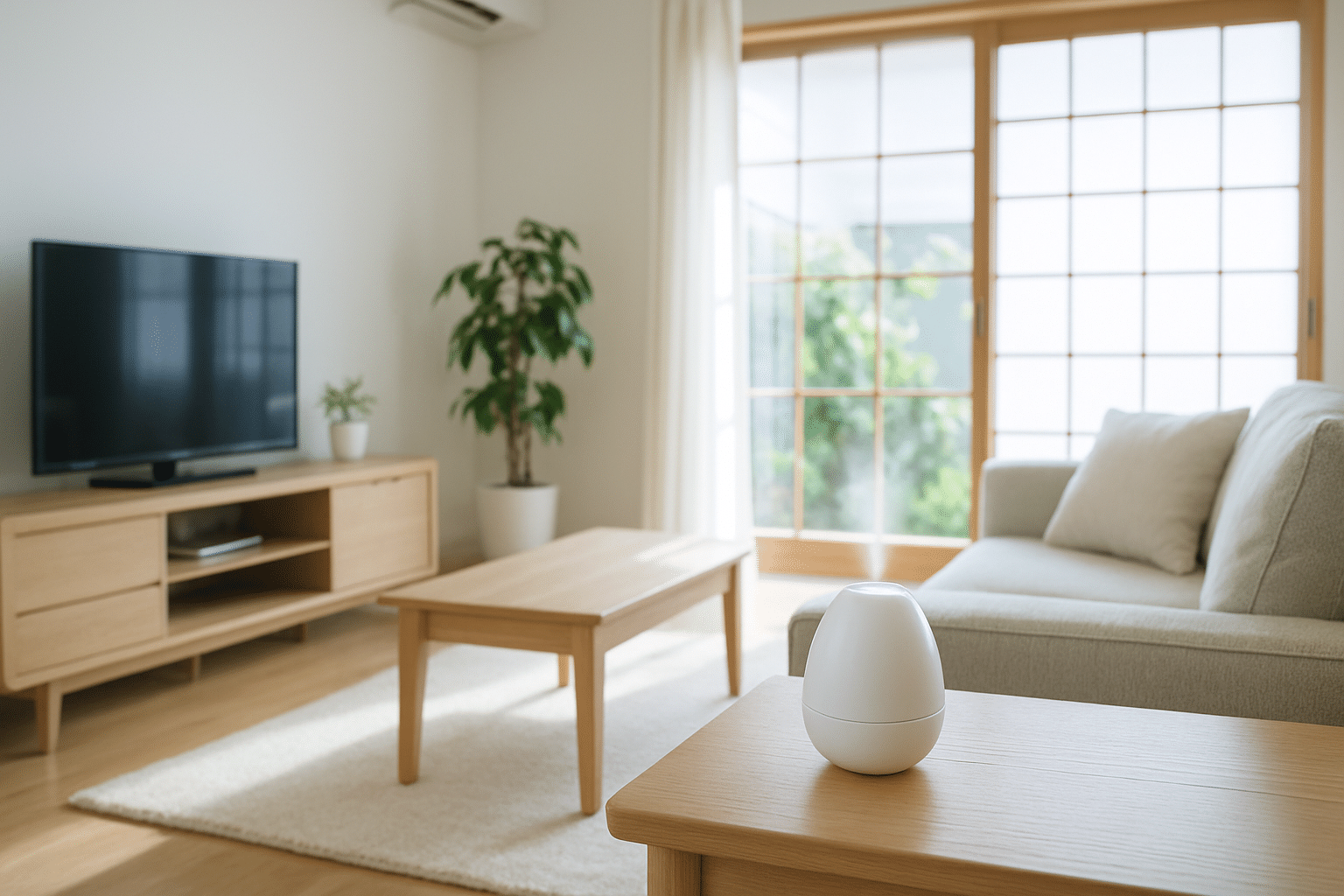明るく清潔なリビングに置かれた消臭芳香器のイメージ