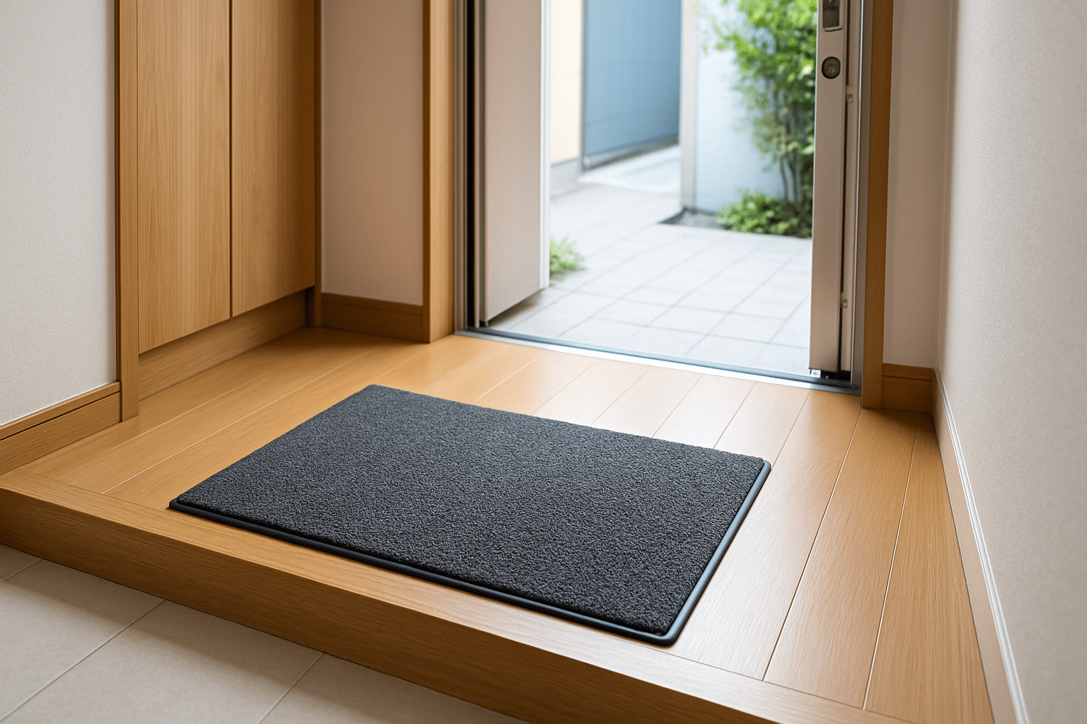 冬の玄関に敷かれた清潔で機能的なレンタルマット