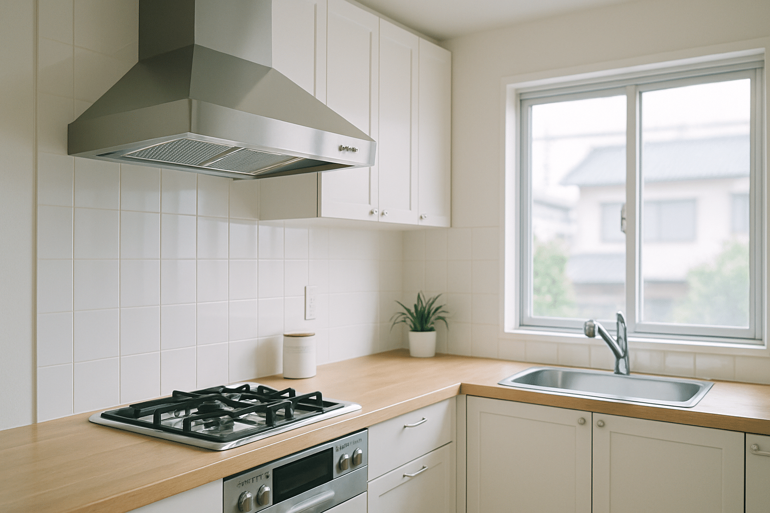 新しいフィルターが設置され、清潔に保たれた明るいキッチンのレンジフード