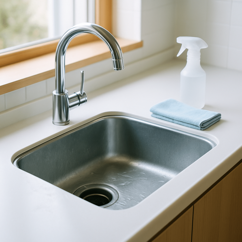 水垢が気になるシンクと蛇口周り。プロの清掃道具が置かれ、作業開始前の予感。