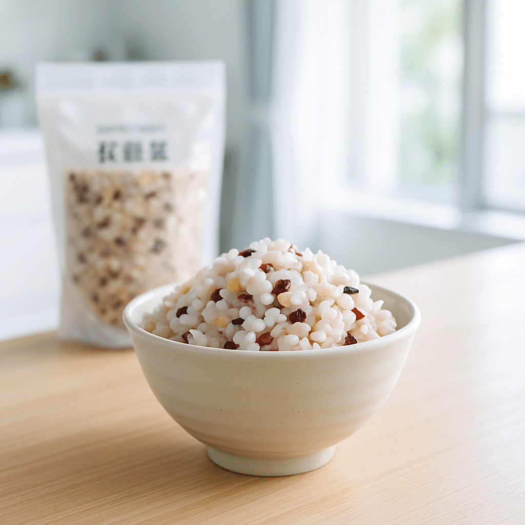 日本のキッチンで、炊きたての十六穀米が並ぶ健康的で清潔な食卓。