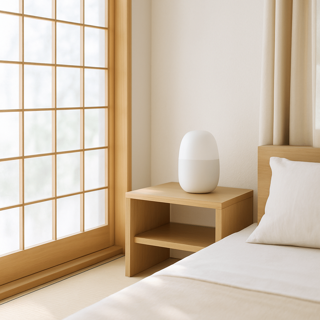 明るく清潔な寝室に置かれたイオン式芳香器のイメージ