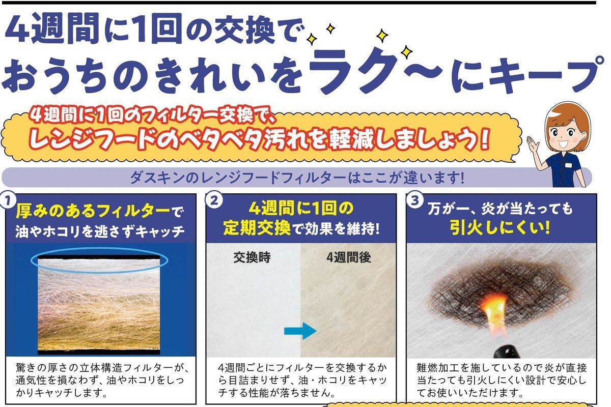 ダスキンのレンジフードフィルターの3つの特長