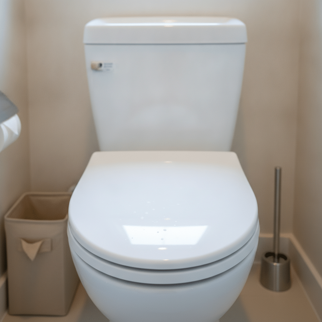ピカピカに磨かれた日本のトイレボウルとその周辺の、雑誌品質のフォトリアルなインテリア写真。白い陶器の便器、輝くタンク、磨かれた便座に焦点を当て、清潔さと衛生的な空間を強調。白とベージュを基調とした色調。