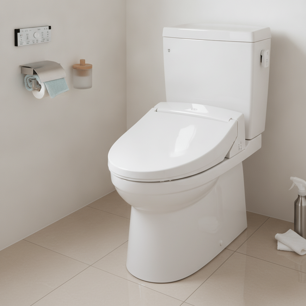 完璧に清掃された日本のトイレ周りのフォトリアルなインテリア写真。便器、床、壁が清潔に保たれています。ベージュ、ホワイト、ライトブルーの清潔感ある色調。